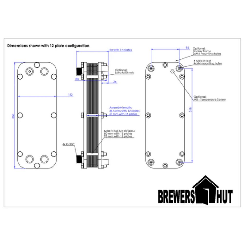 Brewers Hut Plattenwärmetauscher 12 Platten - zerlegbarer Plattenkühler für Würzekühlung